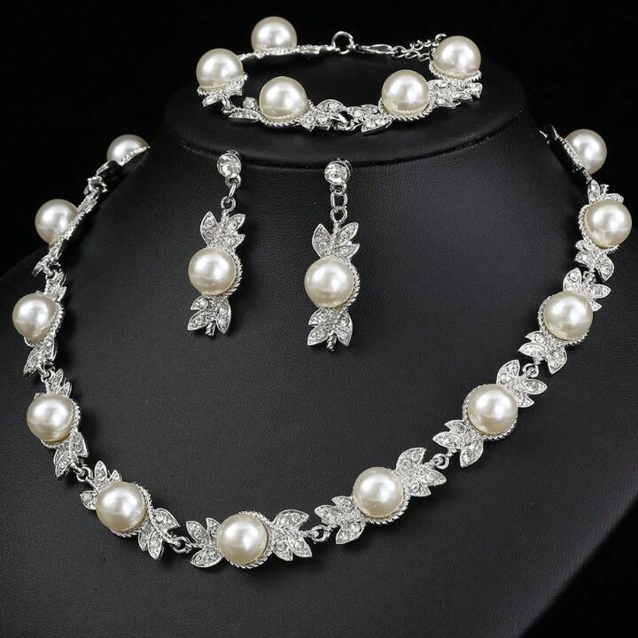 Set de joyeria 3pz perla + hojas