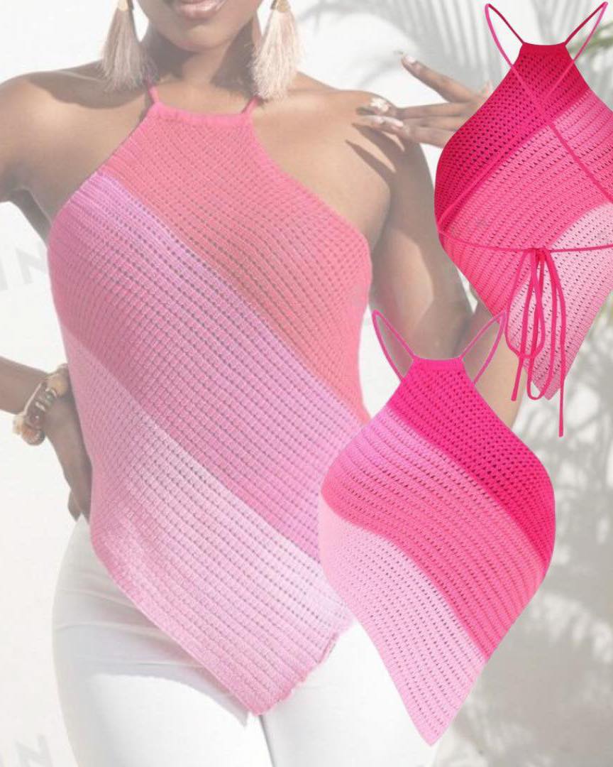 Top crochet de punto tricolor rosado