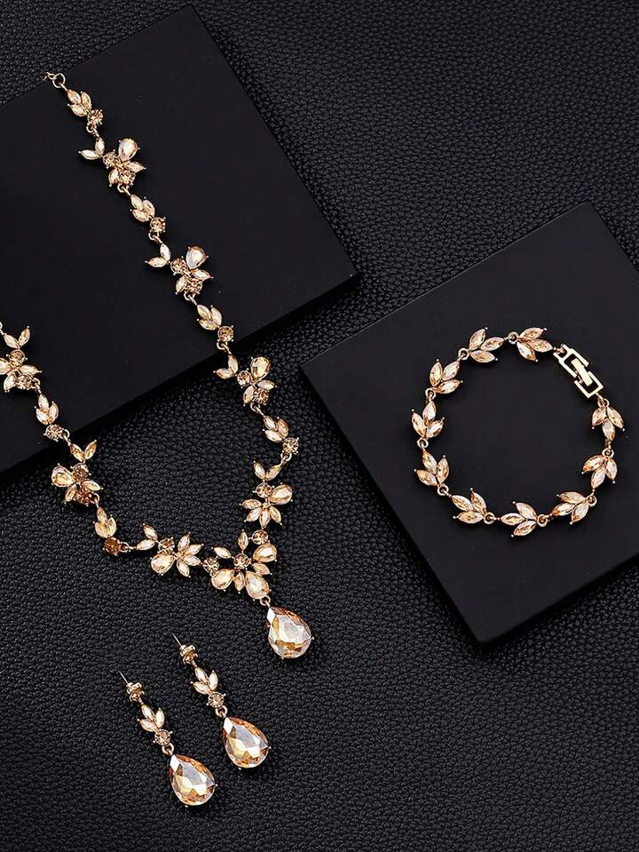 Set 3pz champagne diamante y hojas