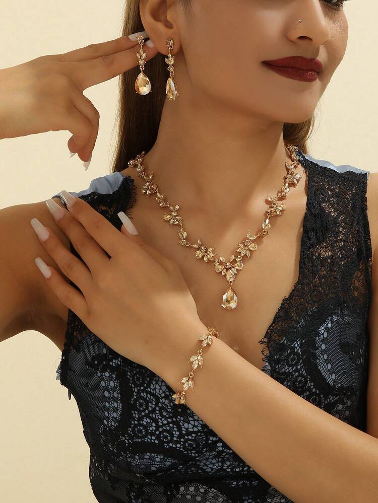Set 3pz champagne diamante y hojas