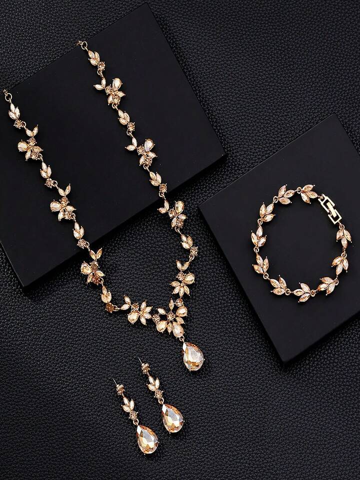 Set 3pz champagne diamante y hojas