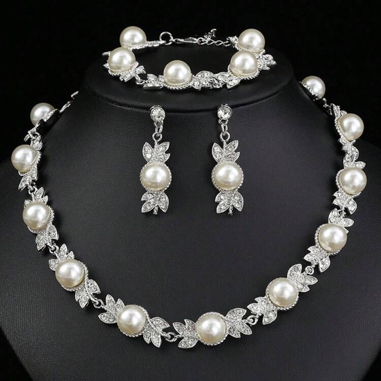 Set de joyeria 3pz perla + hojas
