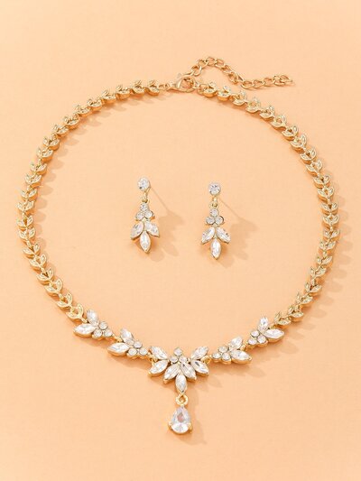 Collar y aretes dorado hojas y perla de gota